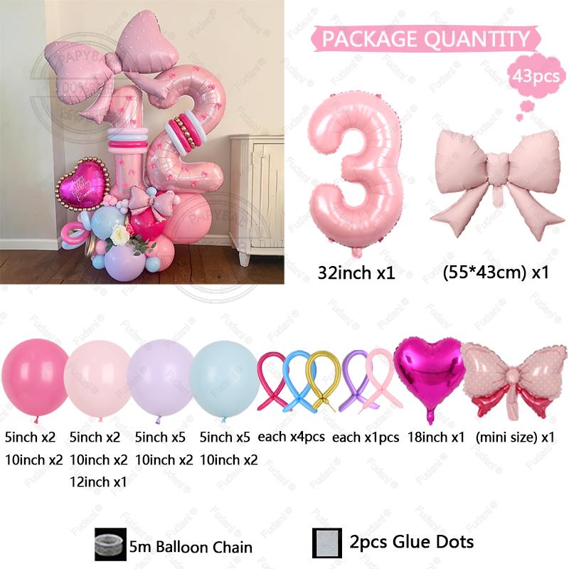 43PCS Pink Bow Theme Bouquet Balloon Set with 32inch Pink Number Girl First Birthday Party Decoration Baby Shower Helium Globos
