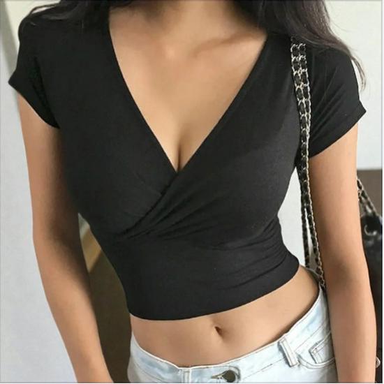 

Women s Plain V-Neck Short Sleeve Cropped Summer T-Shirt - Sexy Casual Top Medium чёрный