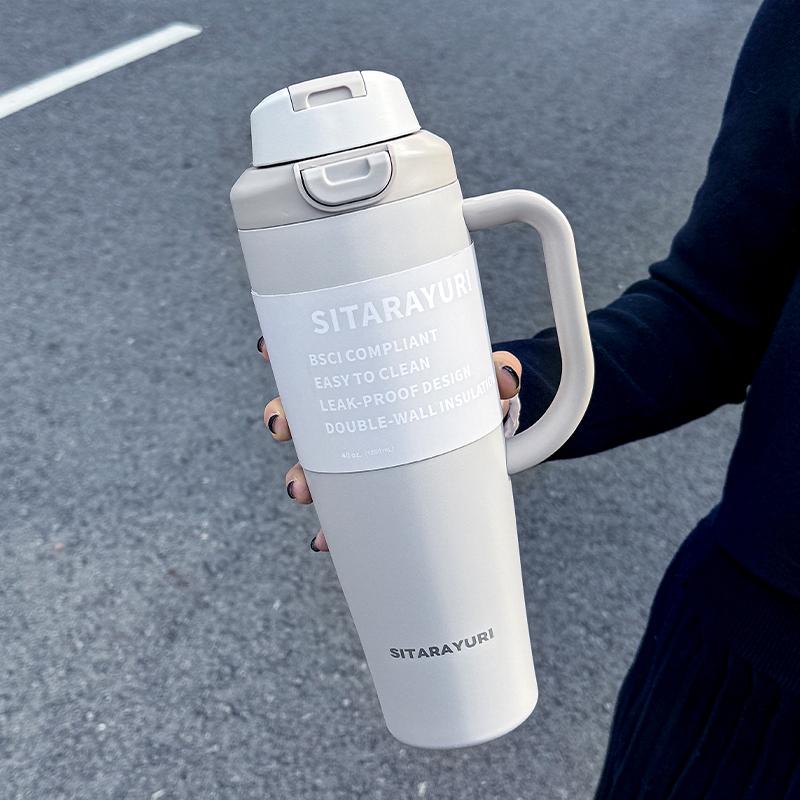 1pc Stainless Steel Dual-Waterway Tumbler, 1200ml Handled Insulated Mug, Portable Outdoor Sports Cold Cup, Couple Gift