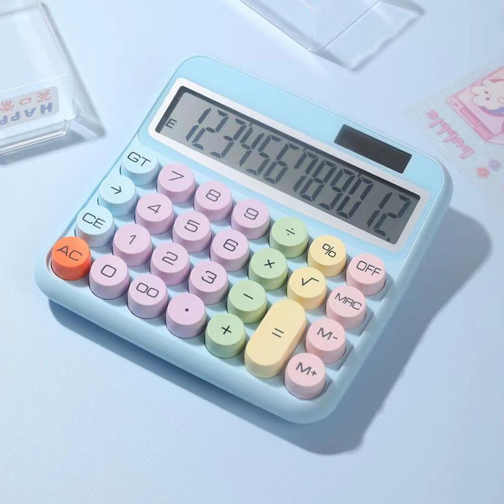Mechanical Calculator 12 Digit Large LCD Display Big Round Button 15 degrees Tilt Screen Cute   Colored Dual Power Supply Calculator Suitable for