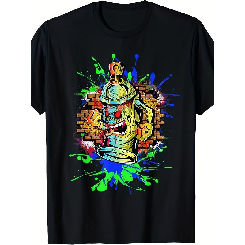 European sizes Men S Retro Graffiti Artist Graphic T-Shirt | Neon Green & Spray Paint Design, Angry Face & Paint Can Art, Round Neck 3XL чёрный