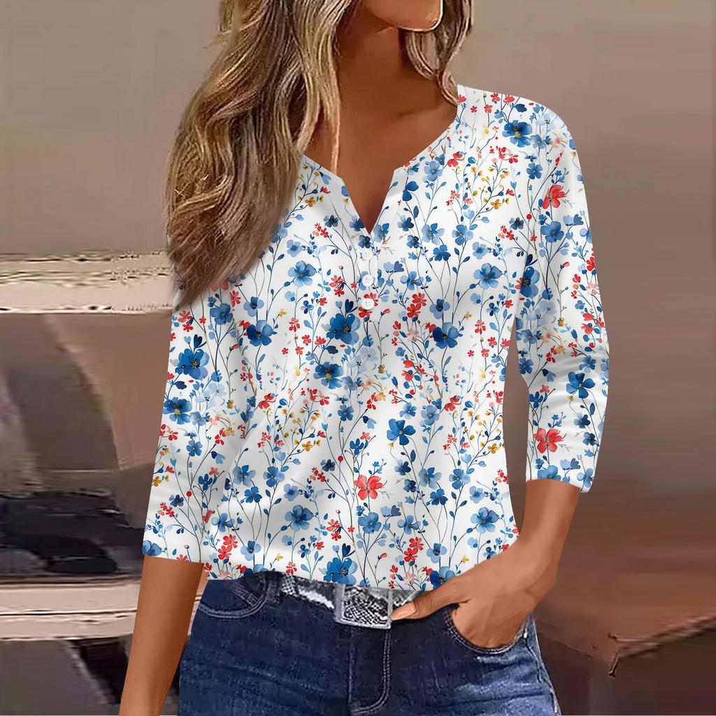 Ladies Casual Fashion V-neck Loose Versatile Floral Print Three-quarter Sleeve Top