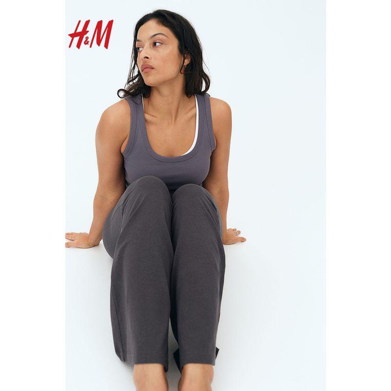 

HM Women s Clothes Casual Pants Summer Soft Fit Straight-leg Slightly Pull Plaid Nature Waist Exercise Pants 1242094