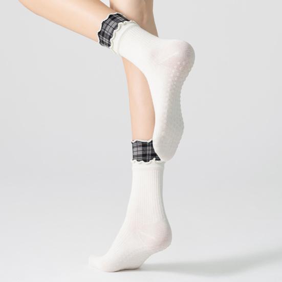 1 Pair Yoga Socks with Non-slip Gripper Double Ruffled Plaid Cuff Mid-calf Socks Women Ballet Dance Pilates Cotton Crew Socks