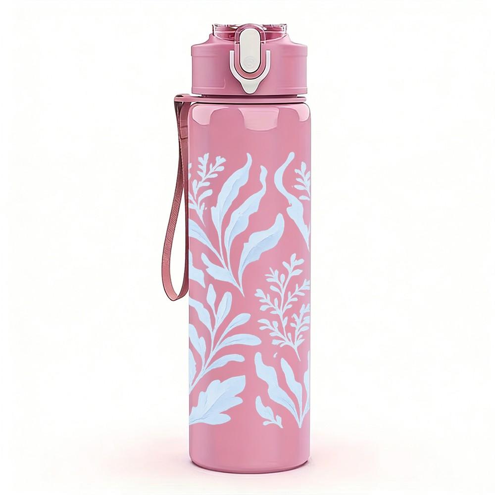 1PC Light Blue Fern Leaf Line Pattern Print 750ml Color Plastic Sports Water Bottle Leakproof Flip Straw Lid Suitable for Sports Office Home Use