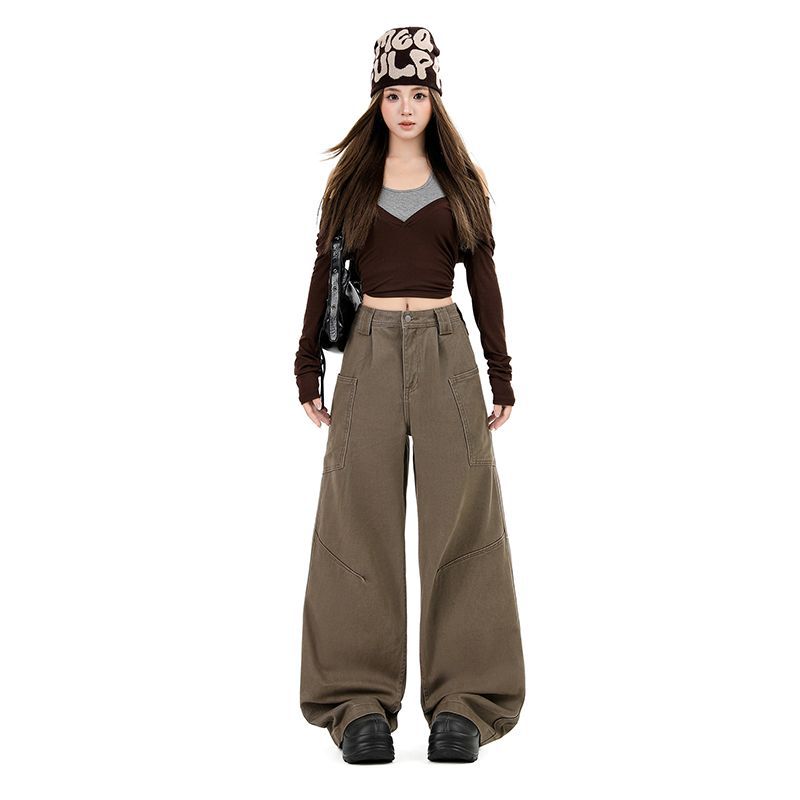 Early Spring Coffee Y2K Cargo Relaxed Wide Leg Denim Cargo Pants For Ladies Casual Pants Oversize Denim Trousers XS