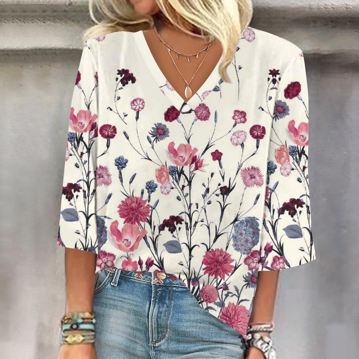 

2023 Sping и осень Новая мода Женский повседневный топ с V-образным вырезом с рукавом 3/4 с принтом