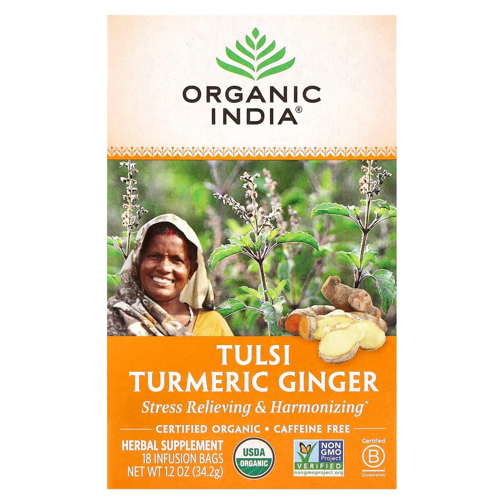 Organic India Tulsi Turmeric Ginger Tea, Caffeine-Free, 18 Tea Bags, 34.2g (1.2oz)