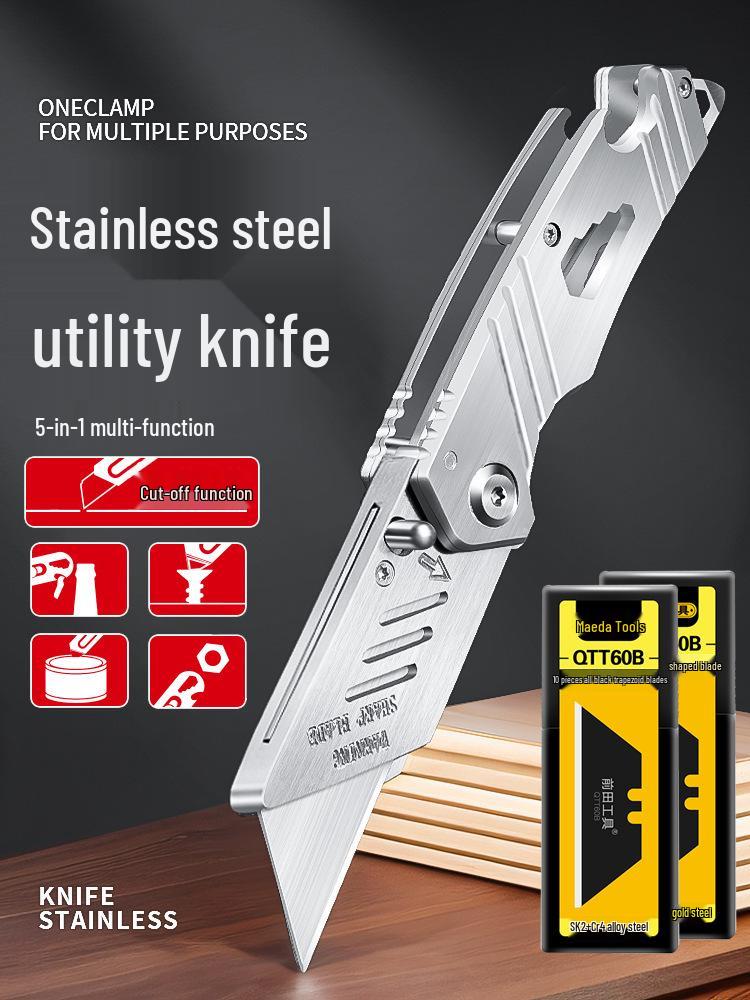 DEWO Heavy-Duty Stainless Steel Electrician's Folding Utility Knife with Cable and Wire Stripper, Thickened Hook.