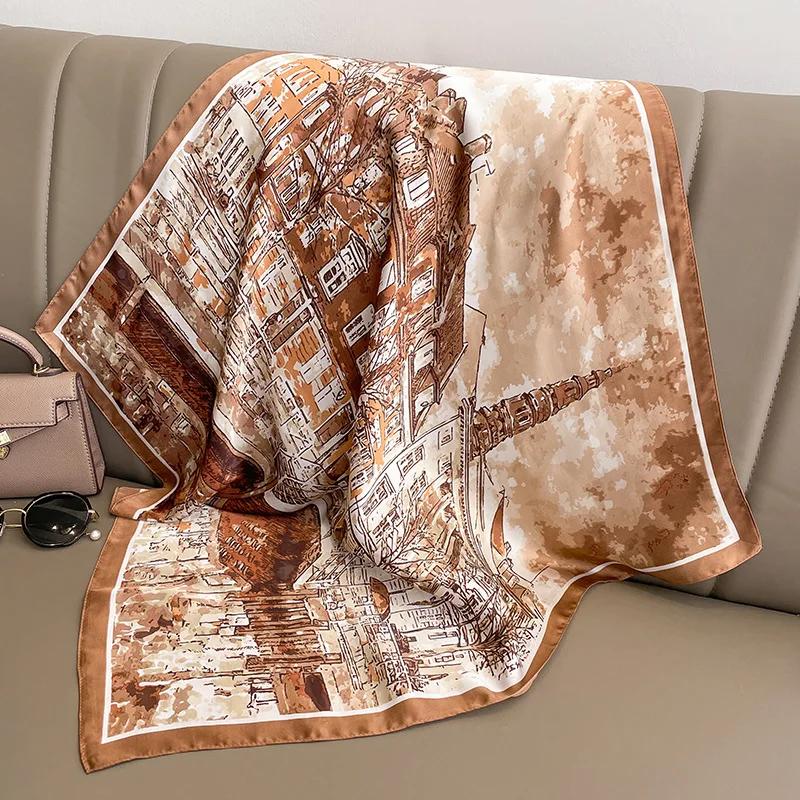 

Retro Oil Painting Print 70*70Cm Silk Square Scarf Women Soft Satin Hairband Neckerchief Tie Female Headband Foulard Bag Ribbon 70x70cm