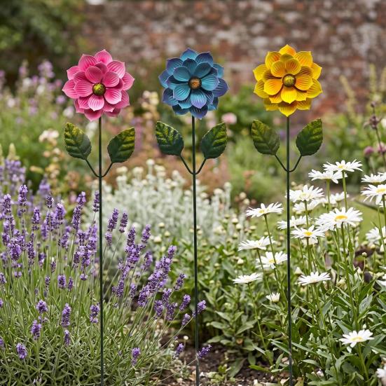 3 Pcs 15.5'' Flower Garden Stakes Colorful Metal Flower Yard Art Outdoor Rust Proof Plant Sticks for Lawn Patio Pathway Decoration