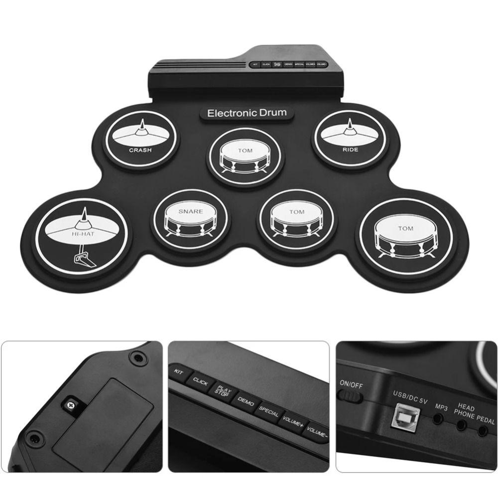1 Box USB Portable Electronic Drum 7-Pads Folding Music Drums for Beginner Children