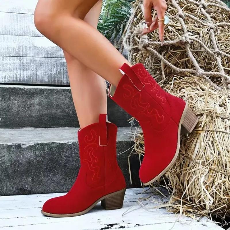 Stivali da Donna a Mezza Gamba Design a Bocca a V Stivali alla Moda Stivali Western Cowboy Ricamati Retrò Stivale Casual con Tacco Spesso da Donna Botas Mujer