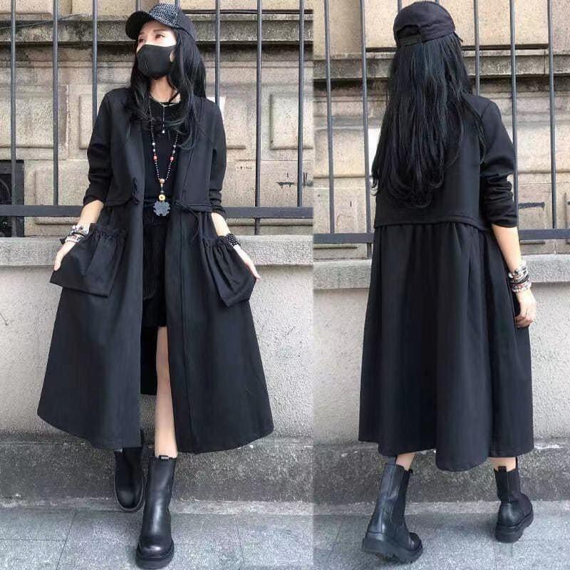 Women's European Black Elegant Trench Coat: 2025 Autumn Plus Size Long Fashion