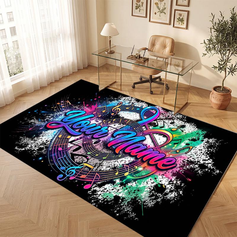Music Theme Soft Crystal Velvet Rug Custom Name & Text Print Non Slip Floor Rug for Bedroom Living Room