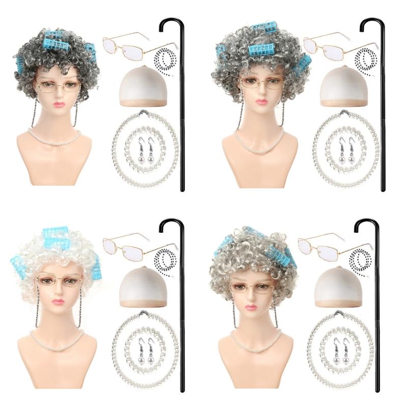 100 Schultage Kostümset alte Dame Halloween Oma Kostümset Perücke Oma Brille Halskette Ohrringe für Mädchen Kinder