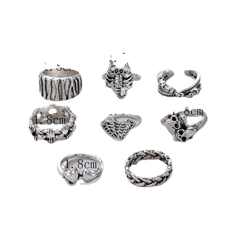 European and American punk dark butterfly skull cut-out face ring multi-piece set personality trend distressed ring set