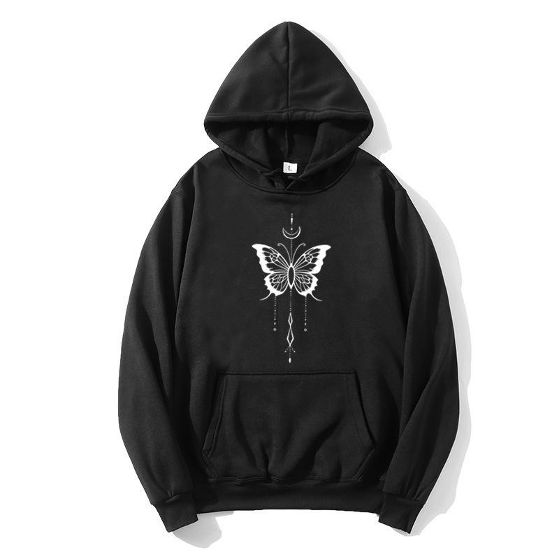 Ladies Spring Autumn Casual Sports Hooded Long Sleeve Big Pocket Butterfly Printed Pullover Hoodies Sweatshirt Top