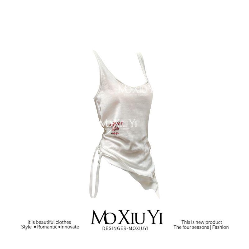 

Mo [In Stock] American Sexy White with Printed Pattern Vest Women s Design Asymmetrical Hem Bandage Dress Bare Back Tops White S