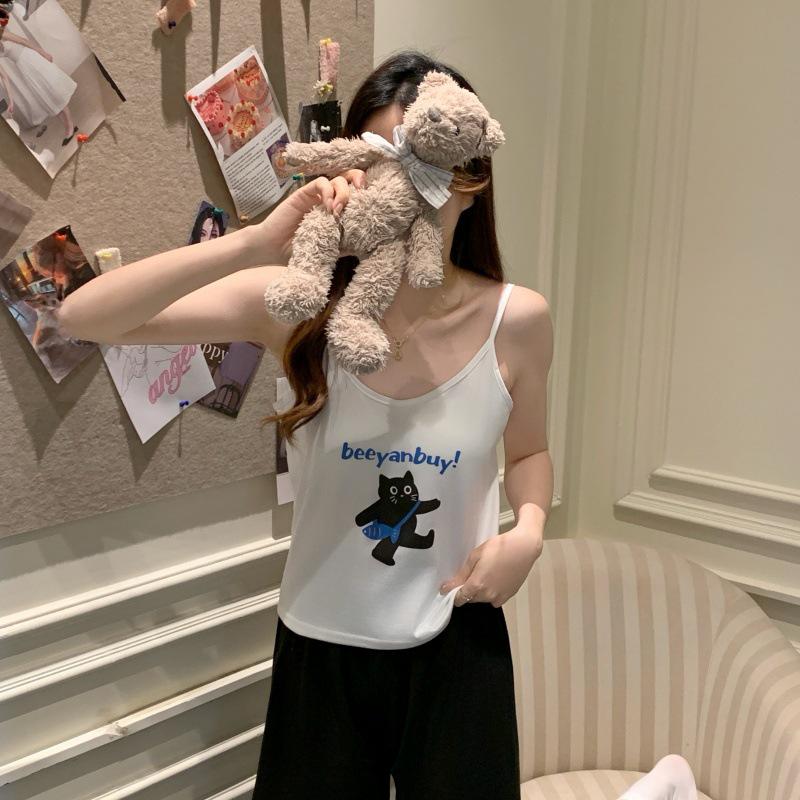 Women's Cartoon Camisole Tank Top Pajamas Set with Chest Pads - Summer Home Wear for Girls with Shorts