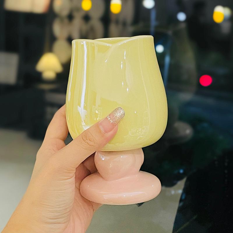 Girls' High-Value Flower Ceramic Goblet Girls' Heart Tulip Water Cup Household Wine Cup Coffee Cup Souvenir