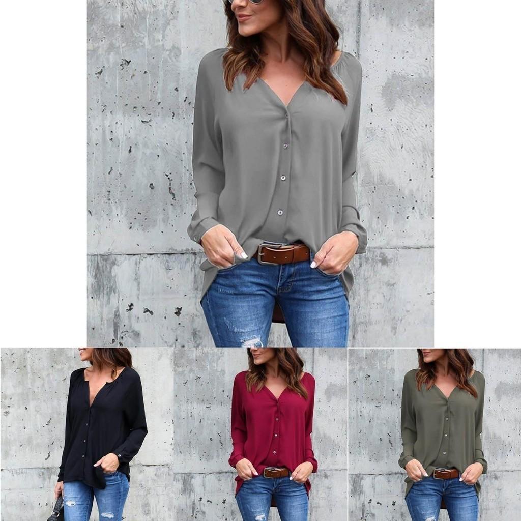 Premium Quality Spring Fashion V Collar Fold Button Long-sleeved Loose Chiffon Shirt In 8 Stunning Colors