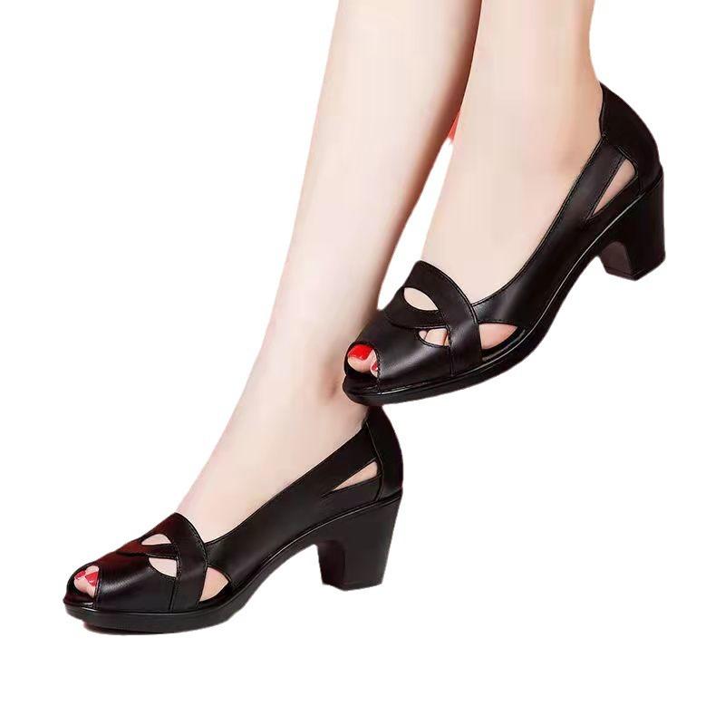 2024 Women's Summer Fashion Sandals Comfortable Hollow Fish Mouth Design with Middle Thick Heels True Soft Leather Flats