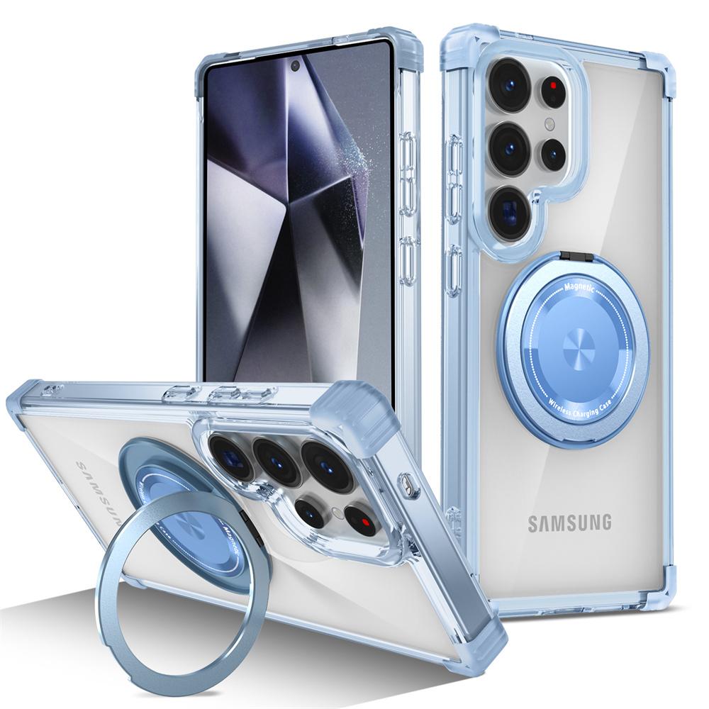 Draaiende Magnetische Vouwbare Stand Transparante Telefoonhoes voor Samsung S26 S25 Edge S24 S23 Plus FE S21 Ultra Armor Schokbestendige Cover For Galaxy S21Ultra&Case & Holder blauw