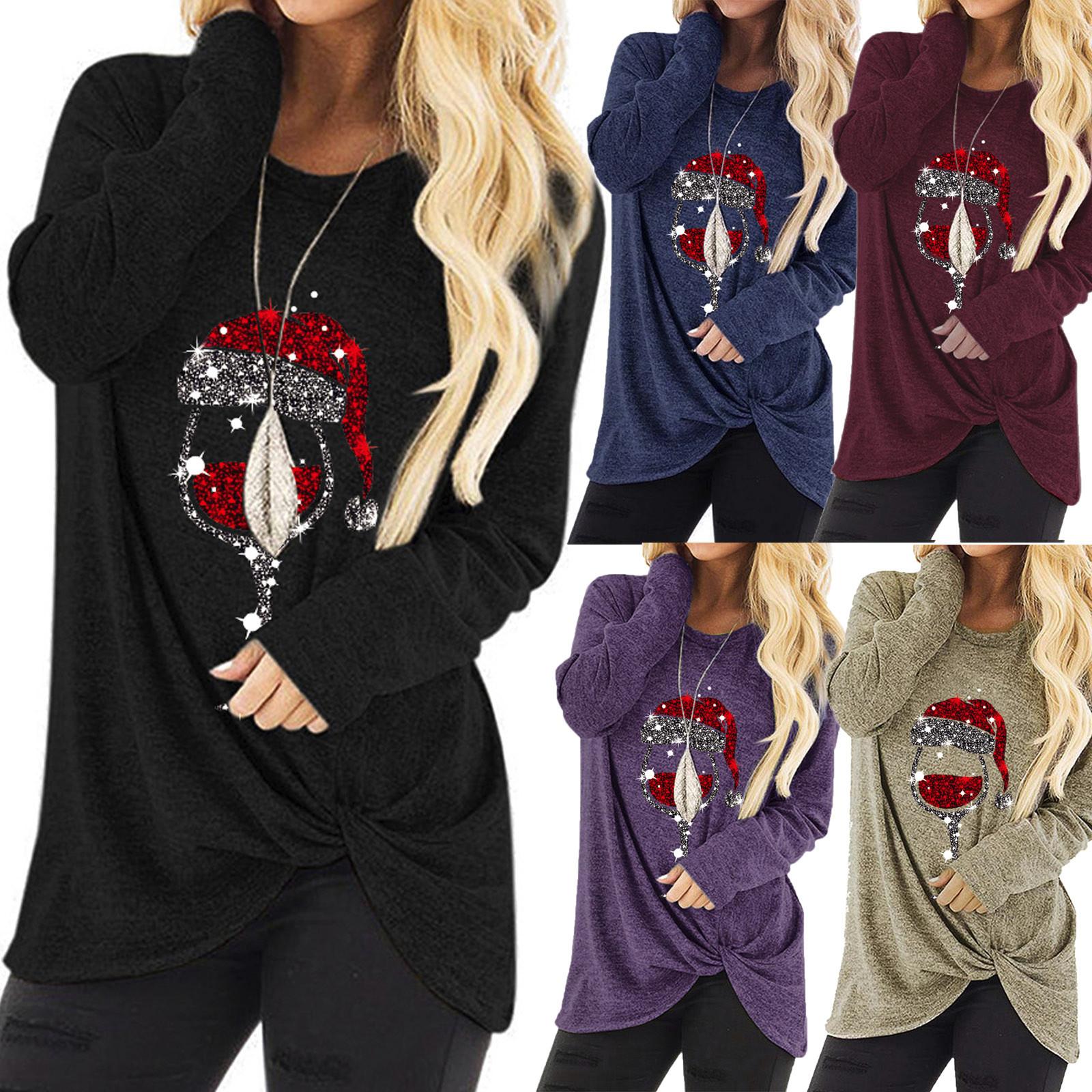 

Women Fashion Christmas Print Long Sleeve Casual Knot T-Shirt Blouse Tops