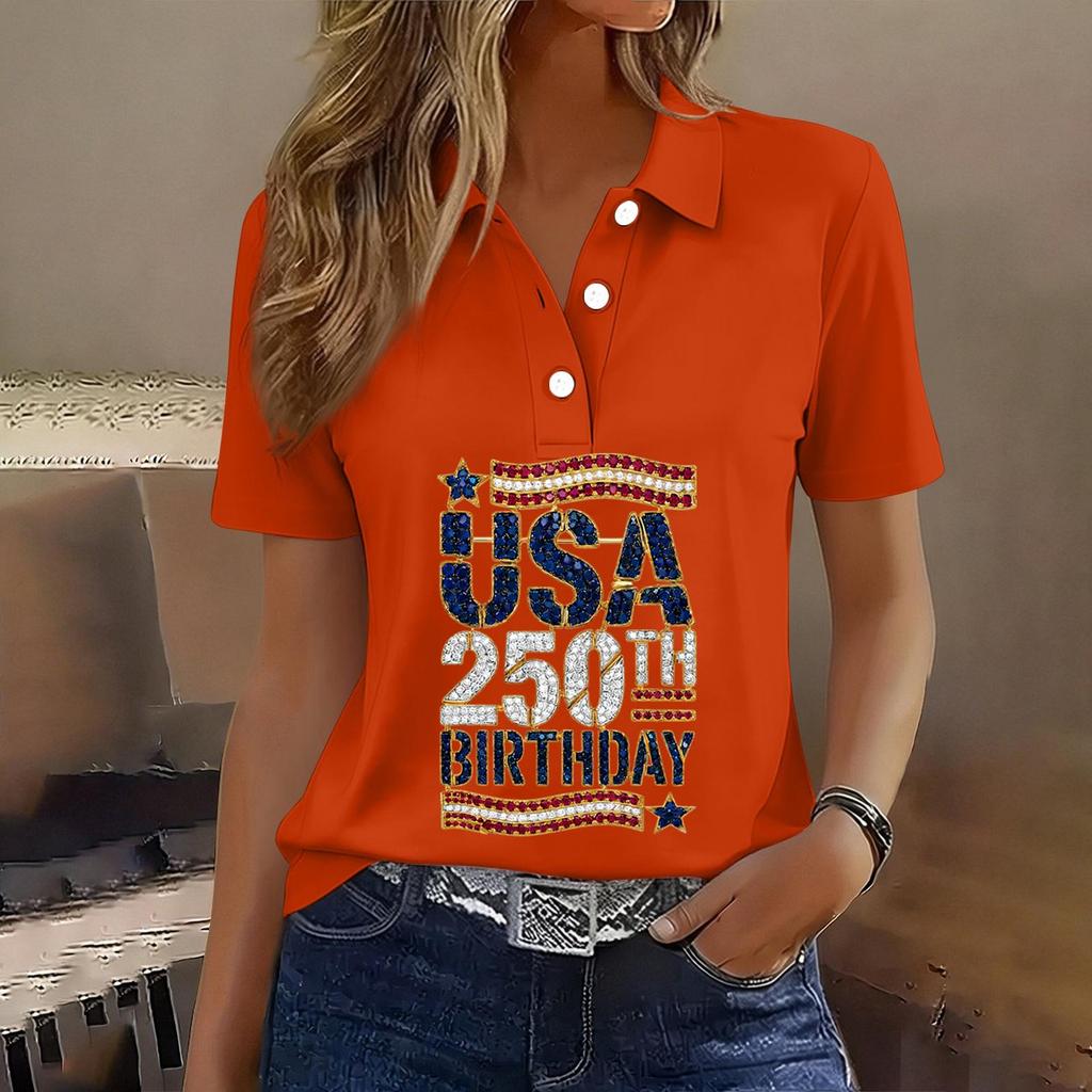 Women's Casual Short Sleeve Button Polo Shirt USA 250th Anniversary Print Relaxed Fit Lightweight Summer Top