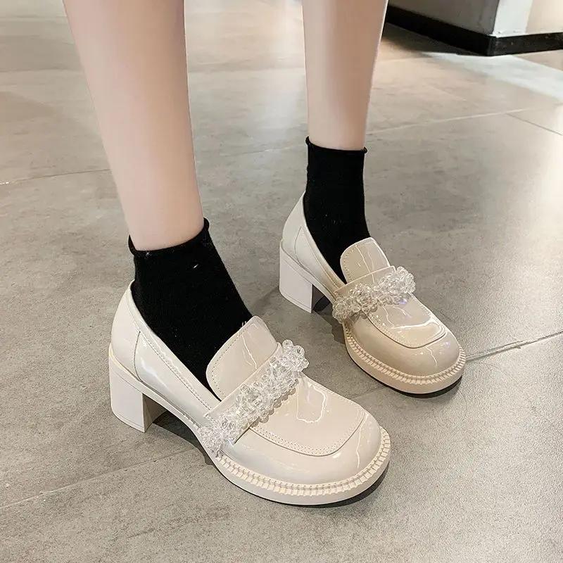 Fashion Block Heel Diamond with Crystals Rhinestone Square Toe Chunky Heels Women's Shoes Loafers on Heeled Ladies Pumps High Chic Point
