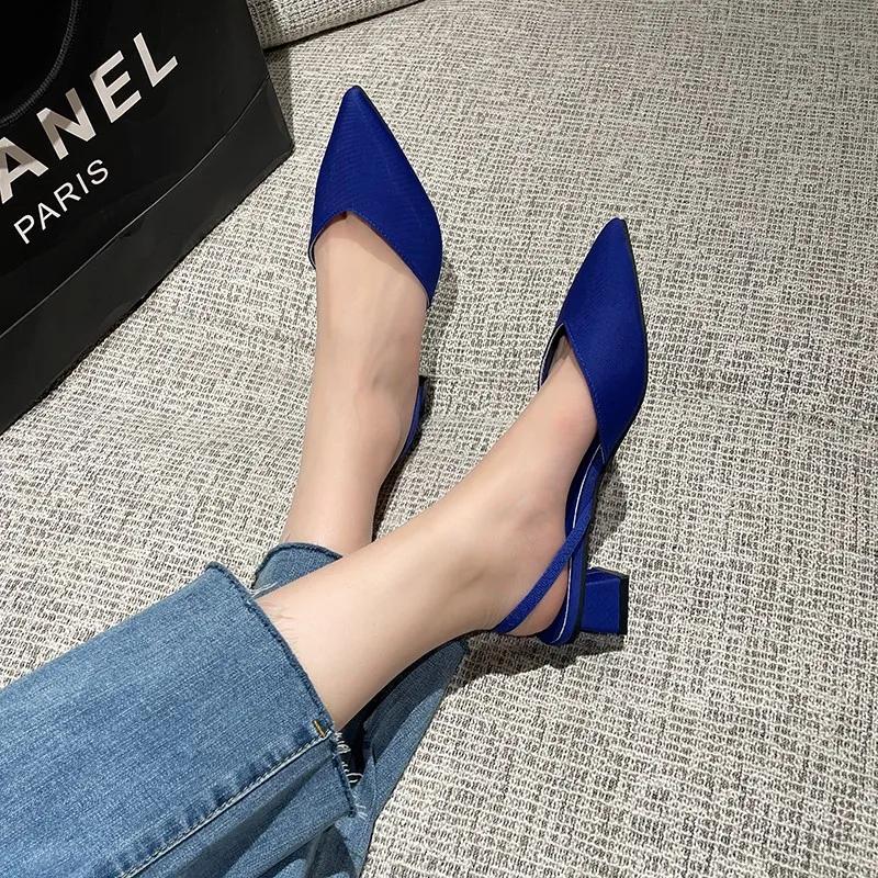 New Brand Women Sandal Shoes Thin Low Heel 4cm Pumps Dress Shoes Ladies Fashion Pointed Toe Shallow Slingback Mules 2024