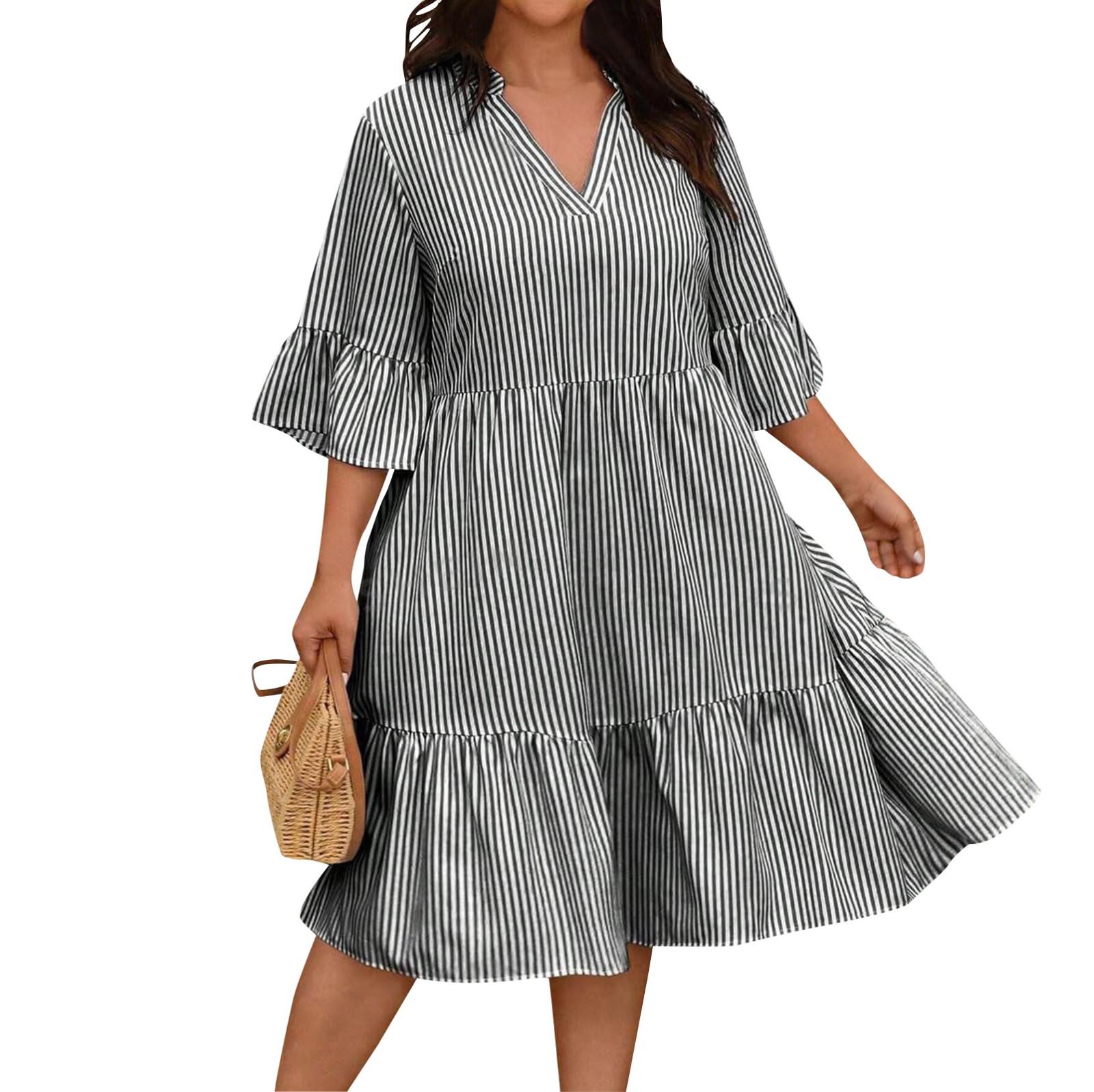 

Женское летнее полосатое платье с оборками и подолом размера плюс, повседневное свободное платье с коротким рукавом, многослойное вечернее платье XL чёрный