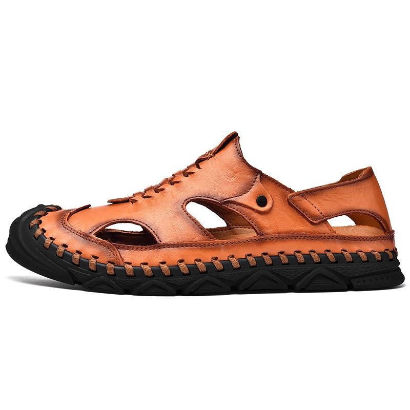 

Leather bag head sandals men s casual outdoor hollow hole shoes 44 коричневий