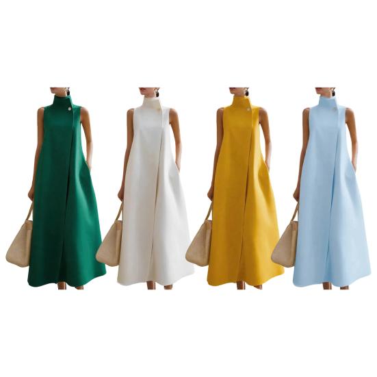 Damska Długa Sukienka z Kołnierzem Stojącym Bez Rękawów Jedno Guzik A-line Maxi Formalna Biznesowa Biurowa Sukienka do Pracy