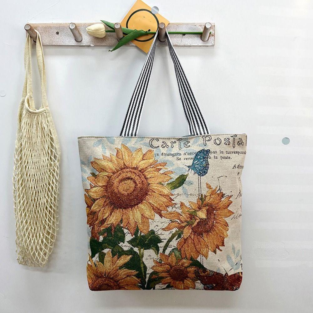 Embroidery Flower Cloth Bag Large Capacity Embroidery Tote Bag Simple Animal Shoulder Bag  Girls