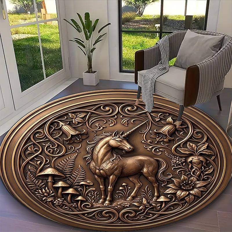 

[Autumnal Forest Unicorn Printed Carpet] Non-slip Office Rug, Cozy Round Carprt for Living Room Use, Soft Home Sofa Chair Mat Diameter 60cm