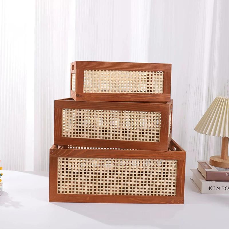 Scatola portaoggetti da scrivania in legno massello da cucina Cesto in rattan retrò Organizzatore per libri, snack, cosmetici Elettrodomestici Accessori per il bagno