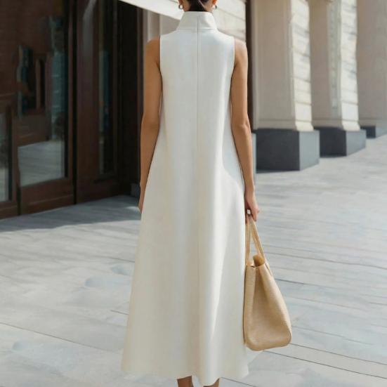 Damska Długa Sukienka z Kołnierzem Stojącym Bez Rękawów Jedno Guzik A-line Maxi Formalna Biznesowa Biurowa Sukienka do Pracy