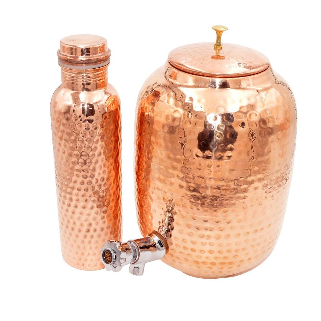 Copper Water Dispenser 8L with 1 Bottle Hammered For Drinking– Ayurvedic Health Benefits