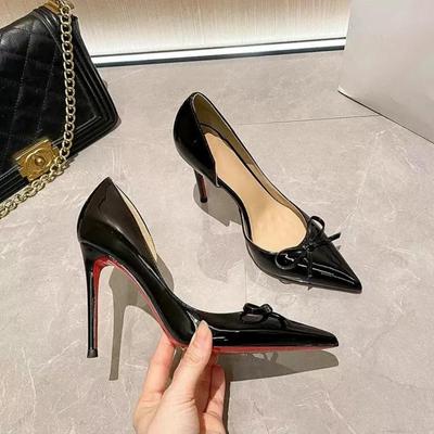 Skinny Sexy Shoes, Side Empty High Heels, Spring and Summer Pointed Head, Thin Heel Bow.