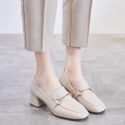 Thick Heel Shoes Women 'S Spring Black All -Match Korean Version Medium Heel Spring And Autumn Loafers Square Toe Small Leather Shoes British Style