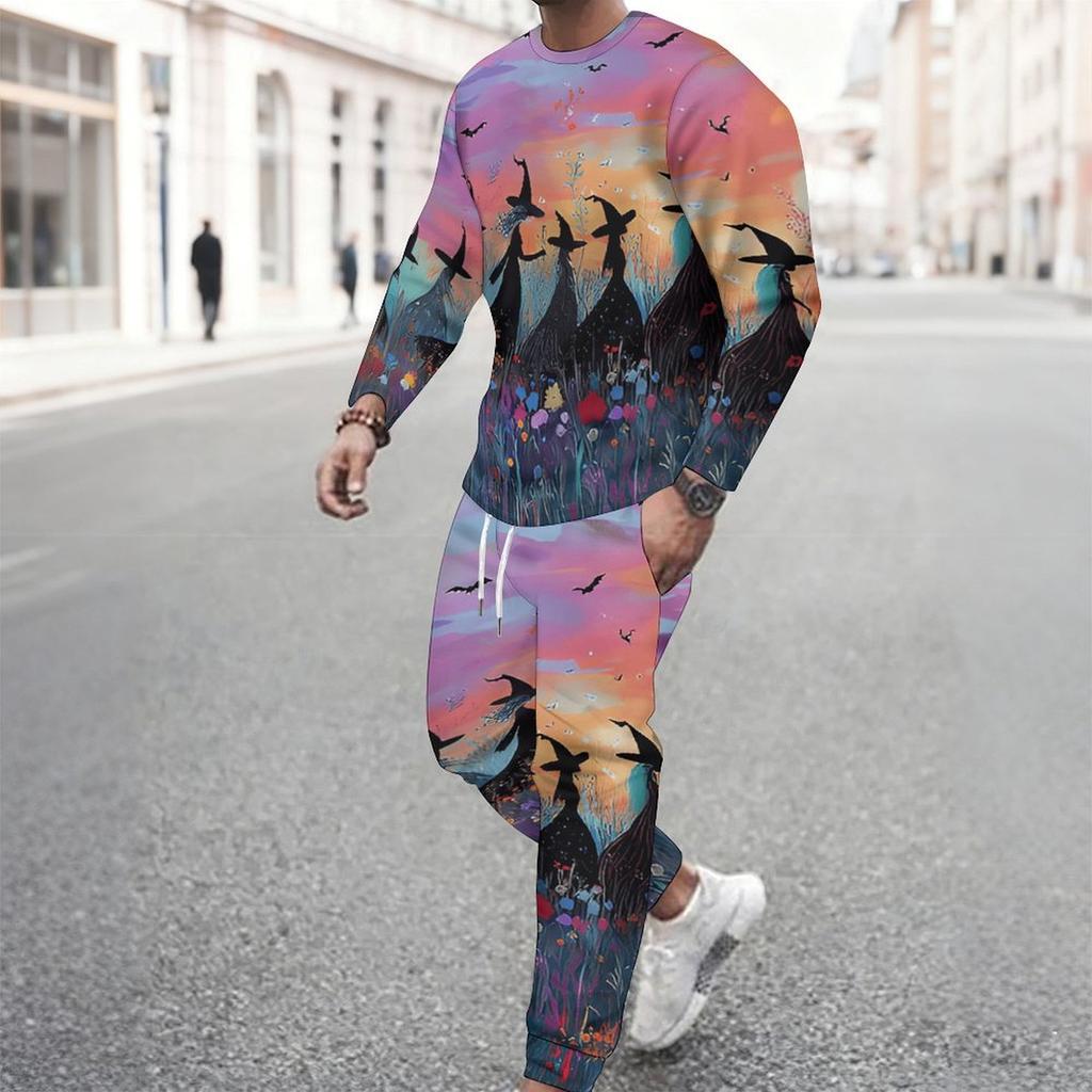 Men Black Background Purple Rose Skull Blue Butterfly Print Long Sleeve Sweatshirt Jogger Pants Two Piece Suit
