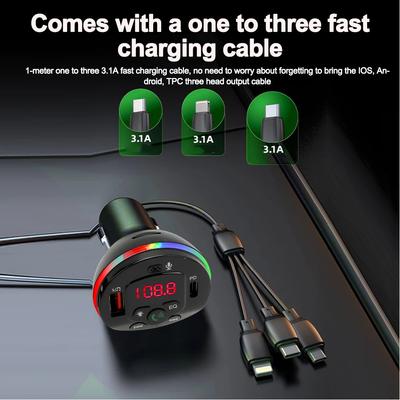 Bluetooth 5.0 FM Transmitter Car MP3 Modulator Player Handsfree Audio Receiver PD+USB Phone Charger With 3 In 1 Charge Cable