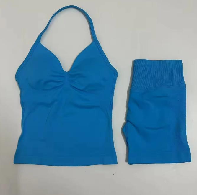 JYL Seamless Backless Two Piece Set Padded Halter Top Fitness Shorts