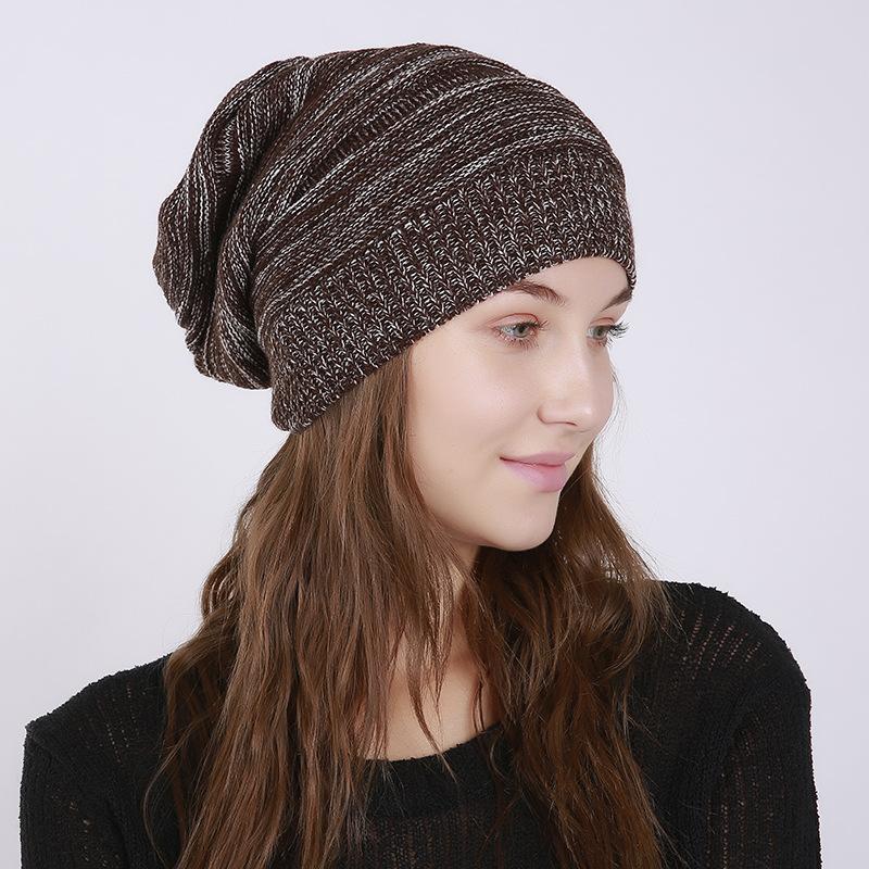 Women Autumn Winter Thin Pleated Mixed Color Pullover Hat Knitted Wool Outdoor