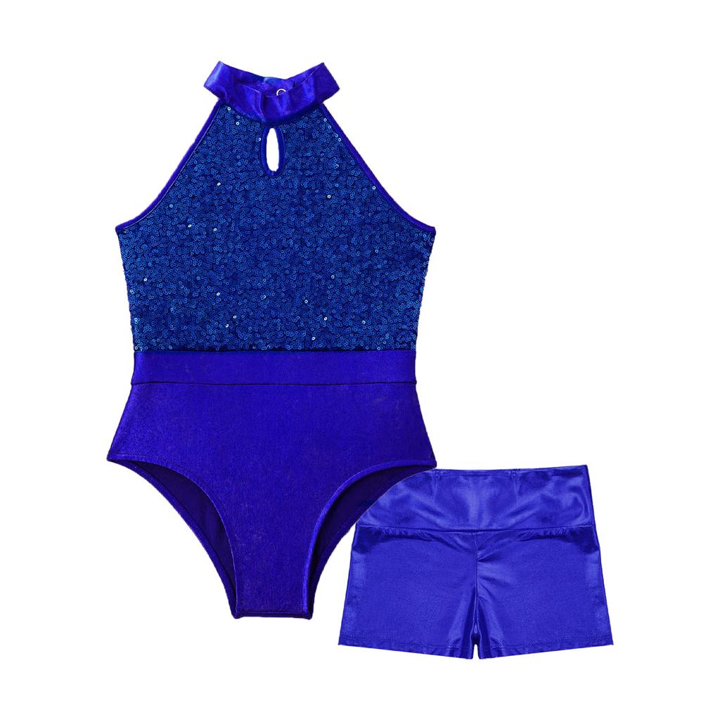 Kids Gymnastics Outfit Sleeveless Halter Sequin Patchwork Leotard Metallic High Waist Shorts Dance Performance Set