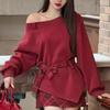 Korean-Style Off-Shoulder Top & Plaid Mini Skirt Set - Playful, Irregular Design for Women