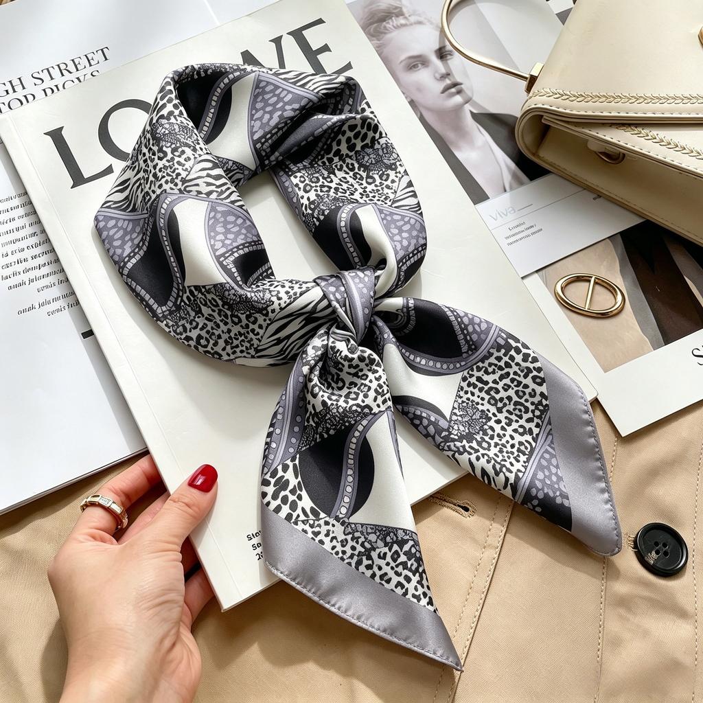 Commuter elegant flower silk scarf women's contrasting color retro printing satin scarf shirt with multi-purpose decorative small scarf