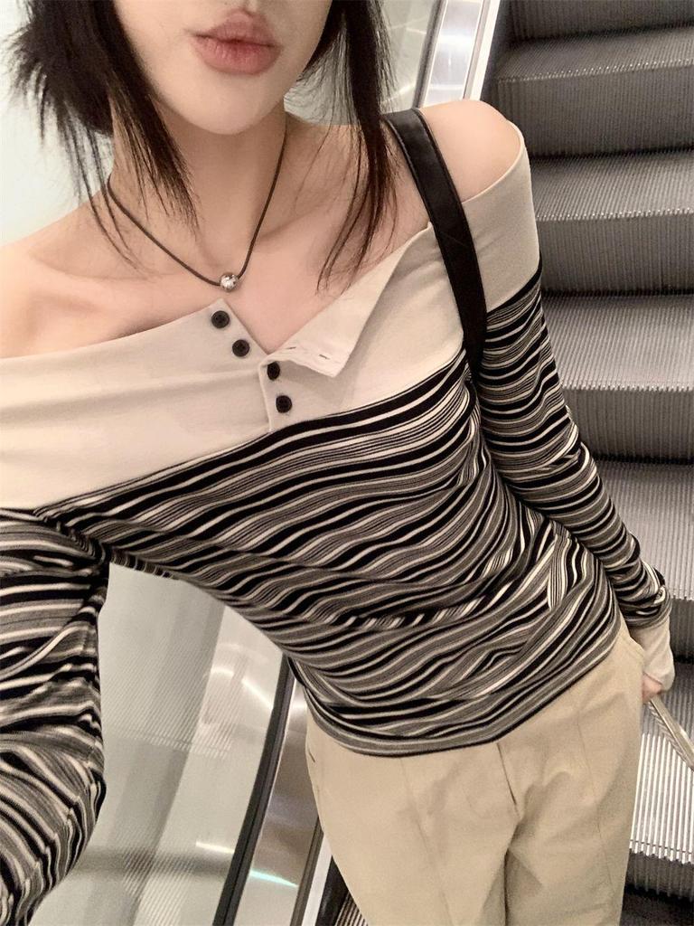Retro Striped One-Shoulder Patchwork Slim Fit Long Sleeve Women's Top for Autumn 2025